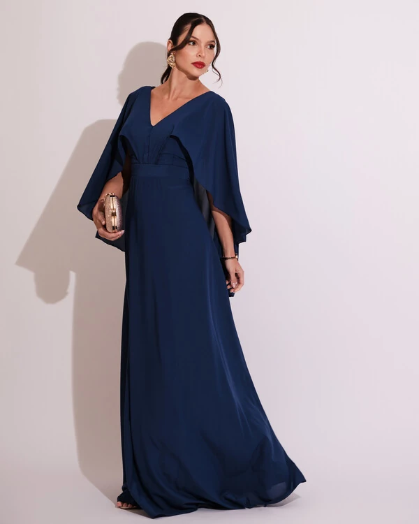 Vestido de Festa Longo com Capa Crepe Azul Marinho