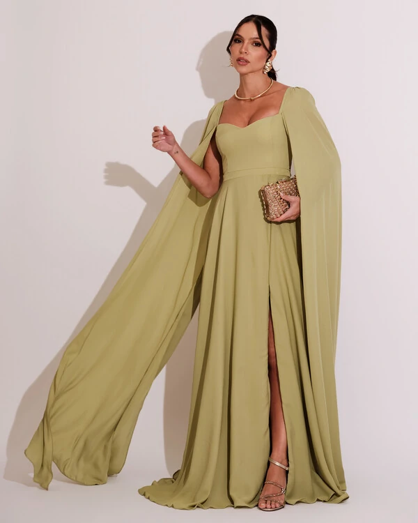 Vestido de Festa Longo com Capa Verde lima