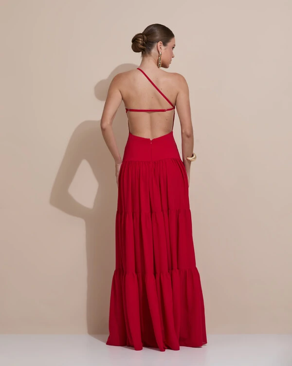 Vestido de Festa Longo Um ombro Só Crepe Chiffon Saia Fluida Vermelho
