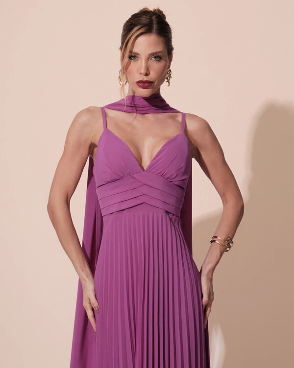Vestido de Festa Longo Plissado Crepe Chiffon com Alça e Lenço Fucsia