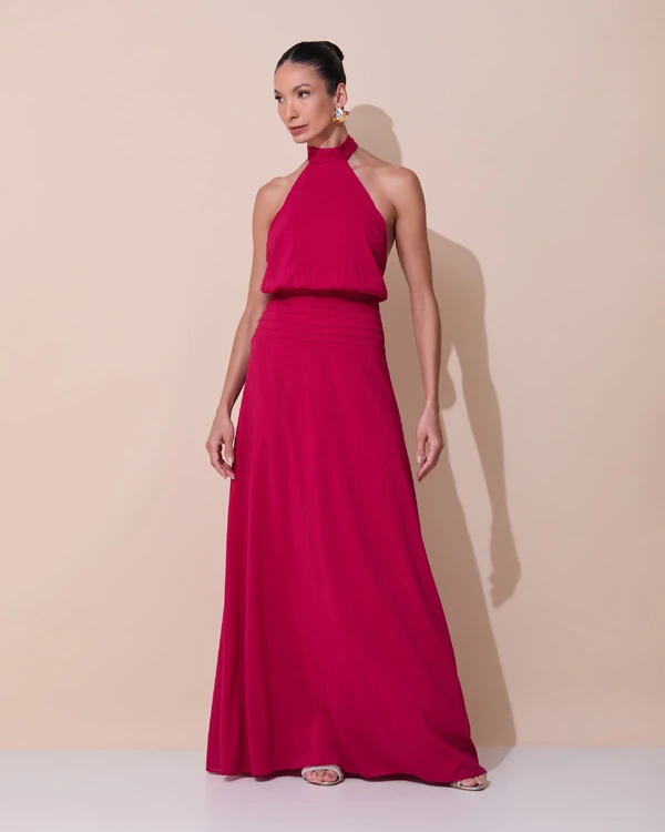 Vestido de Festa Longo Frente Única Busto Blousê Crepe Chiffon Drapeado Cereja