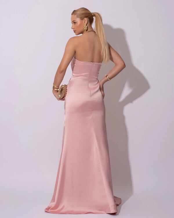 Vestido de Festa Longo Cetim Alfaiataria Tomara que Caia Fenda Rose Gold