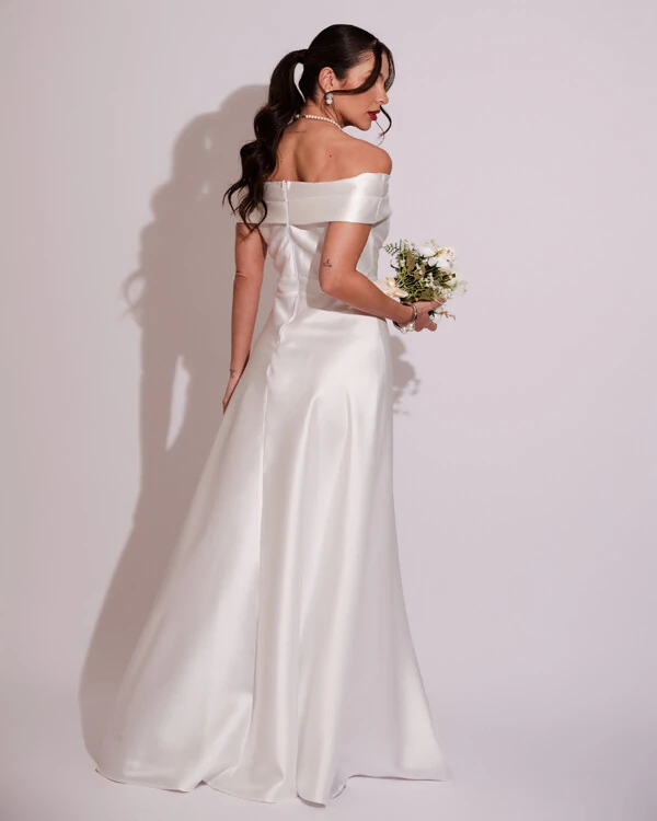 Vestido de Festa Longo Zibeline Ombro a Ombro com Fenda Branco