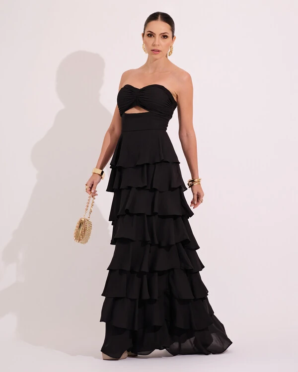 Vestido Longo Crepe Chiffon Tomara que Caia Plissado em Camadas Preto