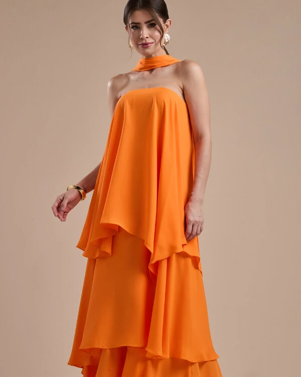 Vestido de Festa Longo Chiffon Crepe em Camadas com Lenço Laranja