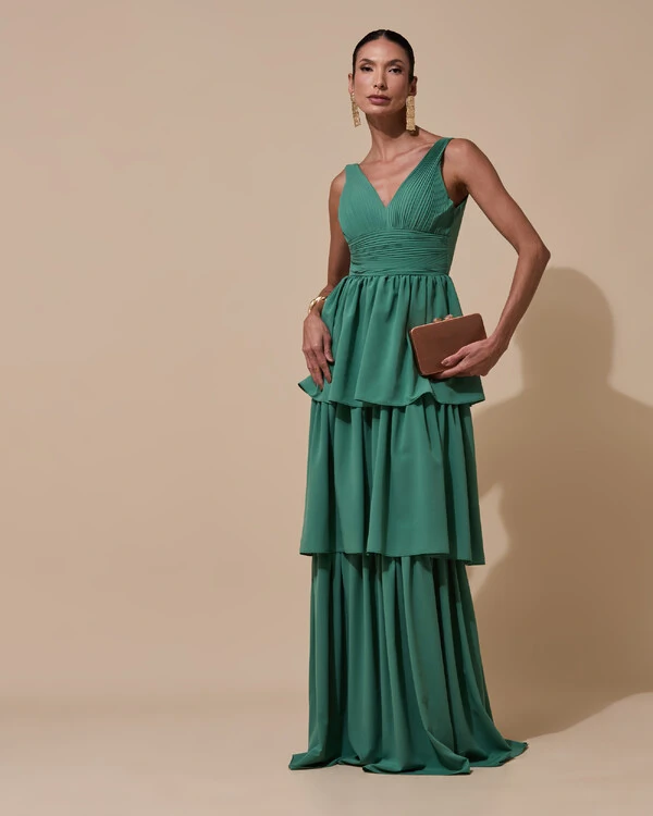 Vestido de Festa Longo Decote V Crepe Chiffon Plissado Camadas Babado Verde Macha Escuro