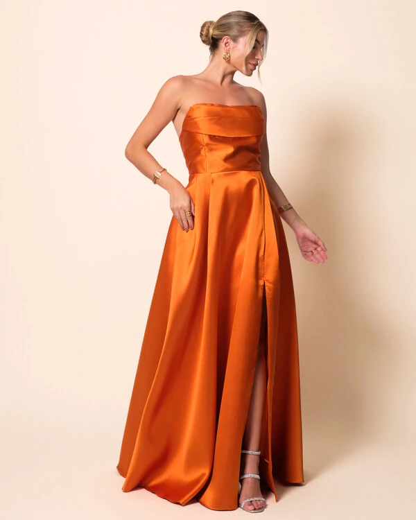 Vestido de Festa Longo Tomara que Caia Trançado Costa em Zibeline Terracota