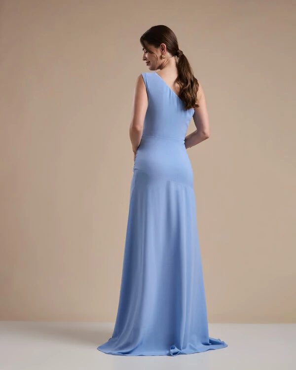 Vestido de Festa Longo Crepe Chiffon Um Ombro Só Drapeado com Babado Cascata Serenity