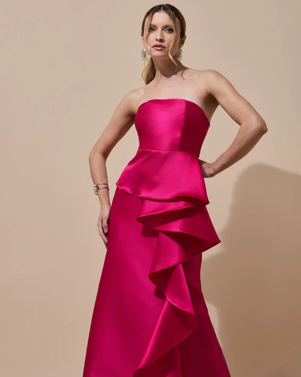 Vestido de Festa Longo Tomara que Caia Babado Cascata Pink New