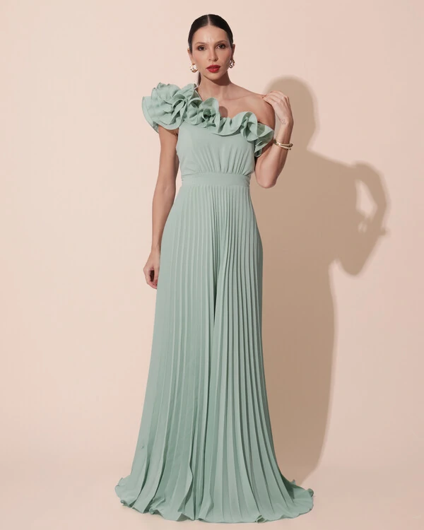 Vestido de Festa um Ombro Só Flor Saia Plissado Verde Menta