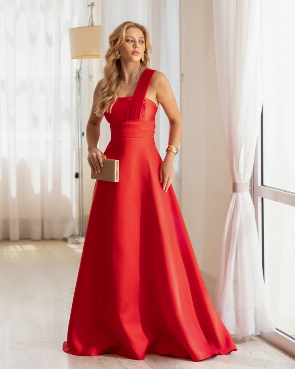 Vestido Longo de Festa Zibeline com Faixa de Um Ombro Vermelho