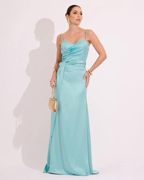 Vestido de Festa Longo Cetim Alfaiataria Fenda Drapeada Tiffany