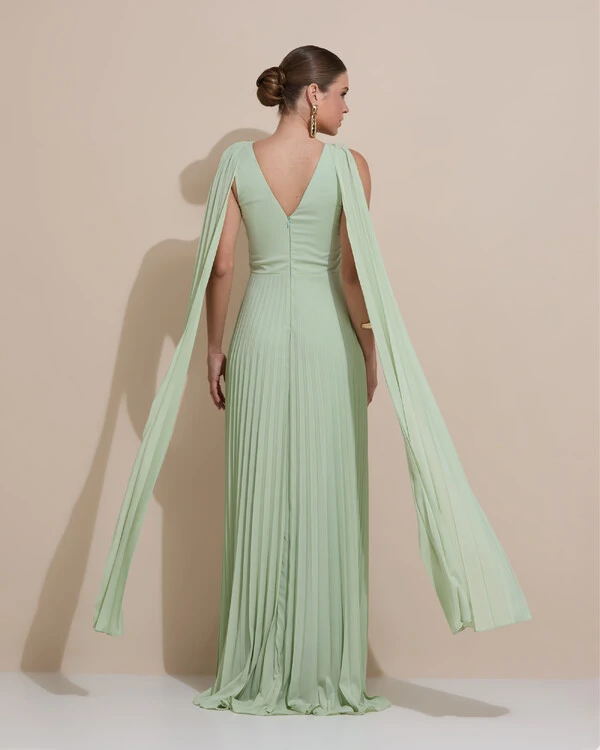 Vestido de Festa Longo Crepe Chiffon Plissado com Lenço nas Alças Verde Menta New