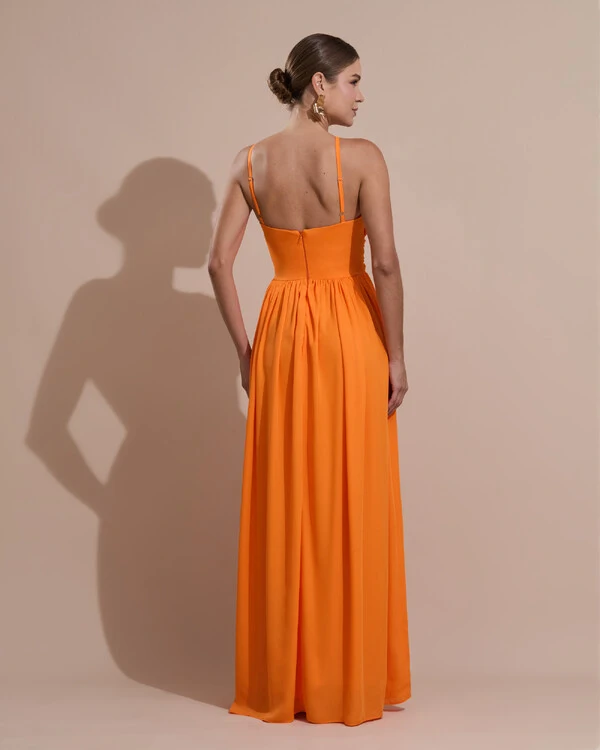 Vestido de Festa Longo Crepe Chiffon Drapeado com Alças Finas Laranja