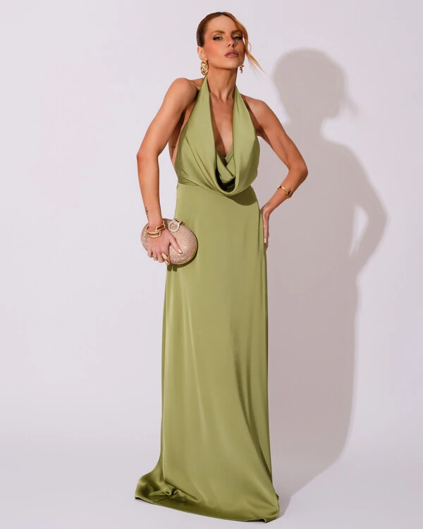 Vestido de Festa Longo Frente Única Degagê Cetim Fluido Verde Pistache