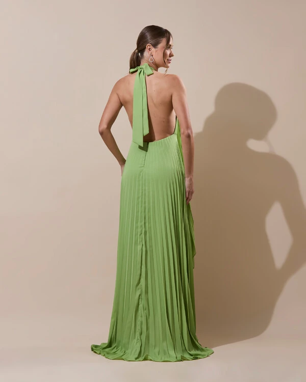 Vestidos de Festa Longo Chiffon Fluido Frente Única Plissado Duplo Verde Garden