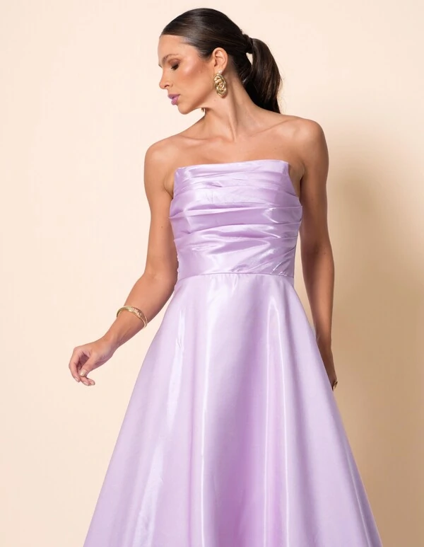 Vestido de Festa Longo Cetim Cristal Tomara que Caia Drapeado Lilás