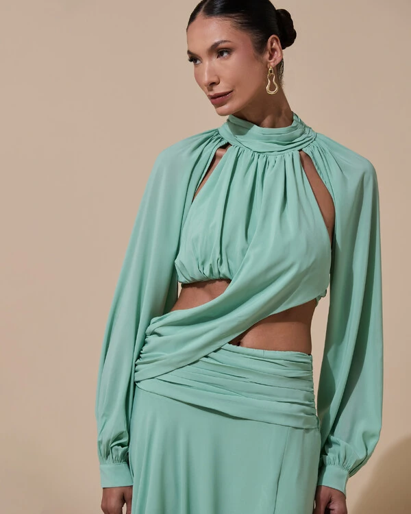 Vestido de Festa Longo Gola Alta Crepe Chiffon Recortes Drapeado Manga Longa Fenda Verde Menta