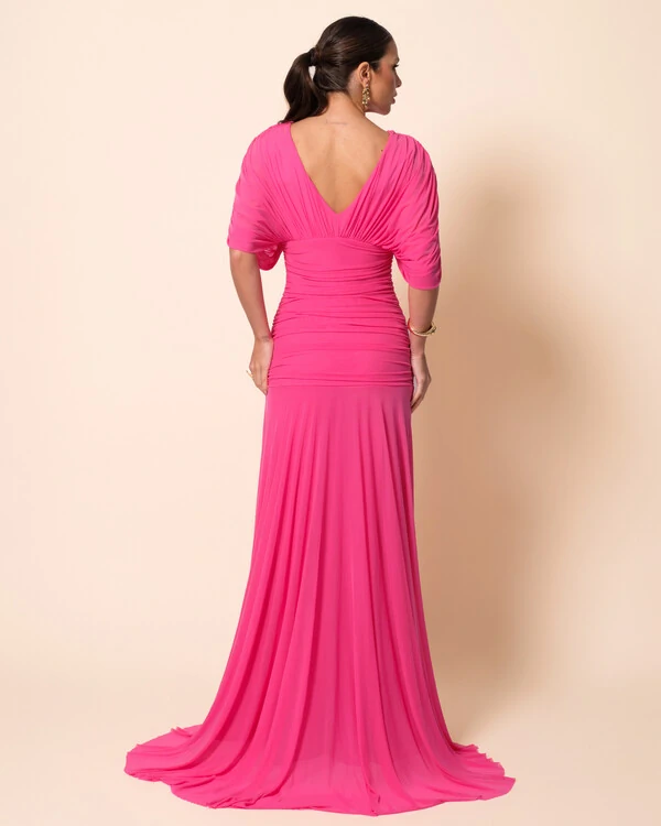 Vestido de Festa Longo Tule Manga Curta Drapeado Pink