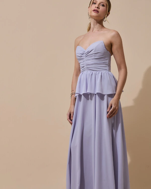 Vestido de Festa Longo Crepe Chiffon Tomara que Caia Peplum Drapeado Lilás Claro
