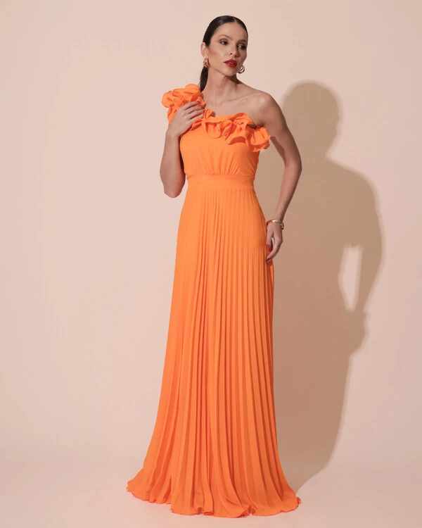 Vestido de Festa um Ombro Só Flor Saia Plissado Laranja