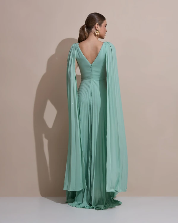Vestido de Festa Longo Crepe Chiffon Plissado com Lenço nas Alças Verde Menta