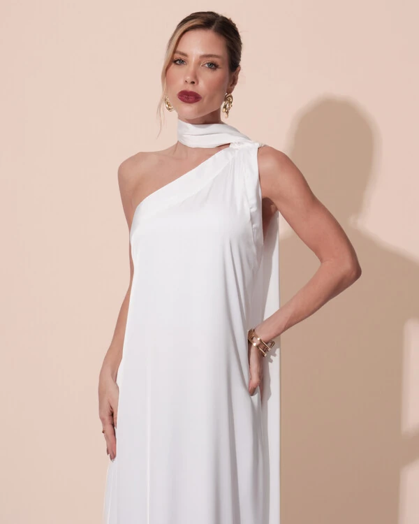 Vestido de Festa Longo Cetim Fluido Um Ombro Só Branco