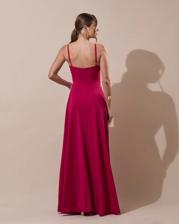 Vestido de Festa Longo Crepe Chiffon Drapeado com Alças e Saia Fluida Cereja