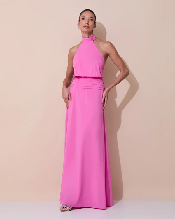 Vestido de Festa Longo Frente Única Busto Blousê Crepe Chiffon Drapeado Rosa New