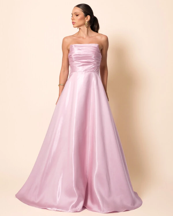 Vestido de Festa Longo Cetim Cristal Tomara que Caia Drapeado Rosa