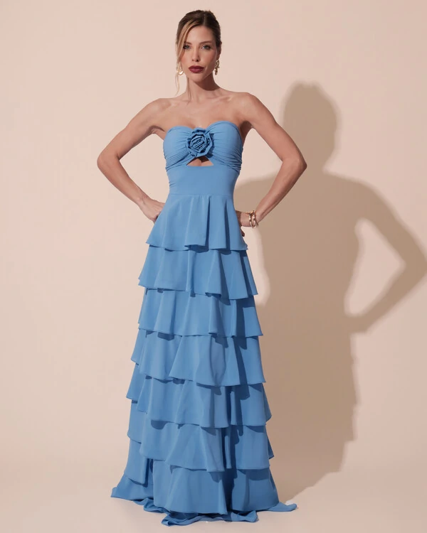 Vestido Longo Crepe Chiffon Tomara que Caia Plissado em Camadas Azul Atlantis