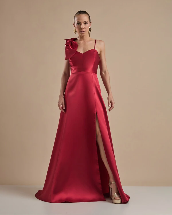 Vestido de Festa Longo em Zibeline com Laço Removível Marsala