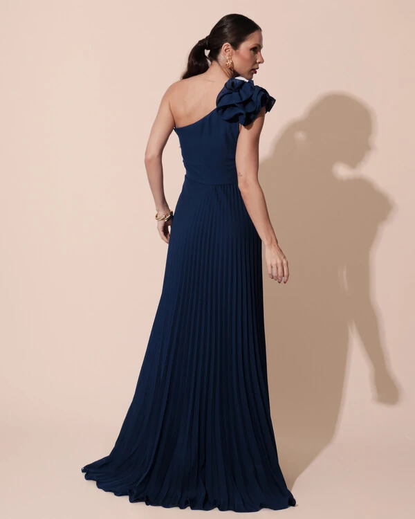 Vestido de Festa um Ombro Só Flor Saia Plissado Azul Marinho