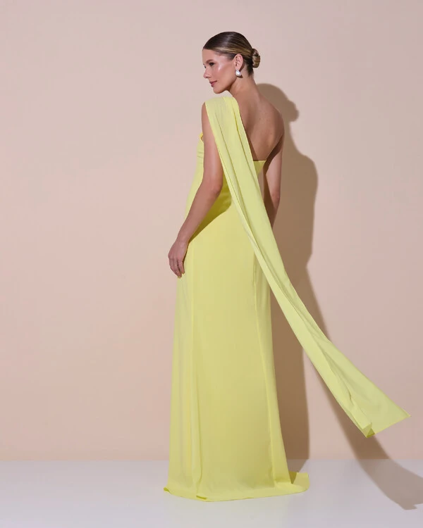 Vestido de Festa Longo Crepe Chiffon Um Ombro Só Drapeado Amarelo Manteiga