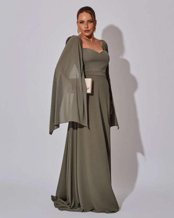 Vestido de Festa Longo com Capa Verde Oliva