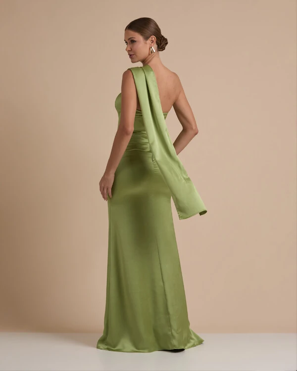 Vestido de Festa Longo Cetim Alfaiataria Tomara que Caia com Faixa Lenço Verde Pistache