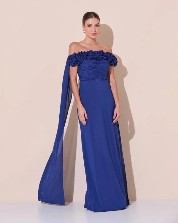 Vestido de Festa Longo Ombro a Ombro Plissado Crepe Chiffon Capa Flor 3D Azul Marinho