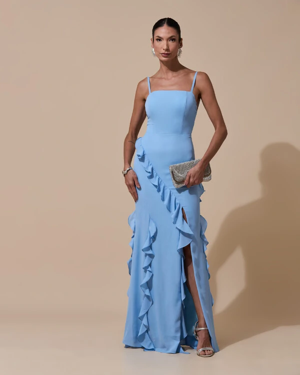 Vestido de Festa Longo Alças Finas Crepe Chiffon Babado Cascata Fenda Costas V Azul Serenity