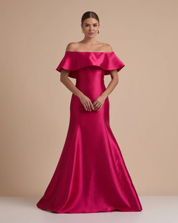 Vestido de Festa Longo Zibeline Ombro a Ombro com Babado Pink New