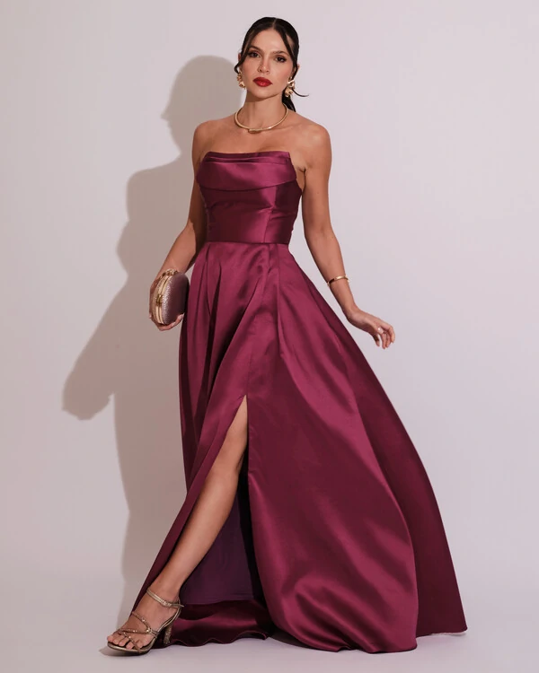 Vestido de Festa Longo Tomara que Caia Trançado Costa em Zibeline Fúcsia