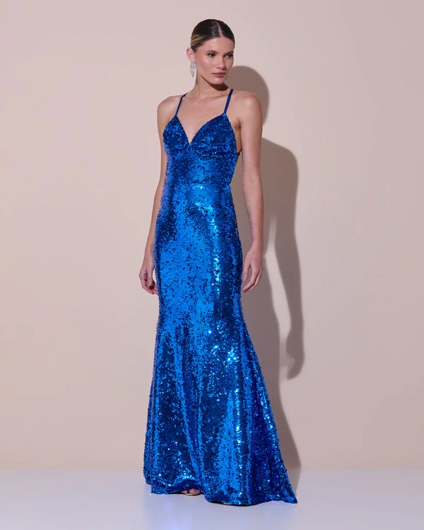 Vestido de Festa Longo Decote V Paetê Alças Finas Saia Sereia Azul Royal