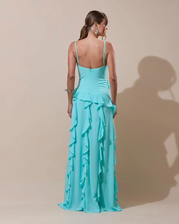 Vestido de Festa Longo Decote V Crepe Chiffon Babados Cascata e Fenda Tiffany