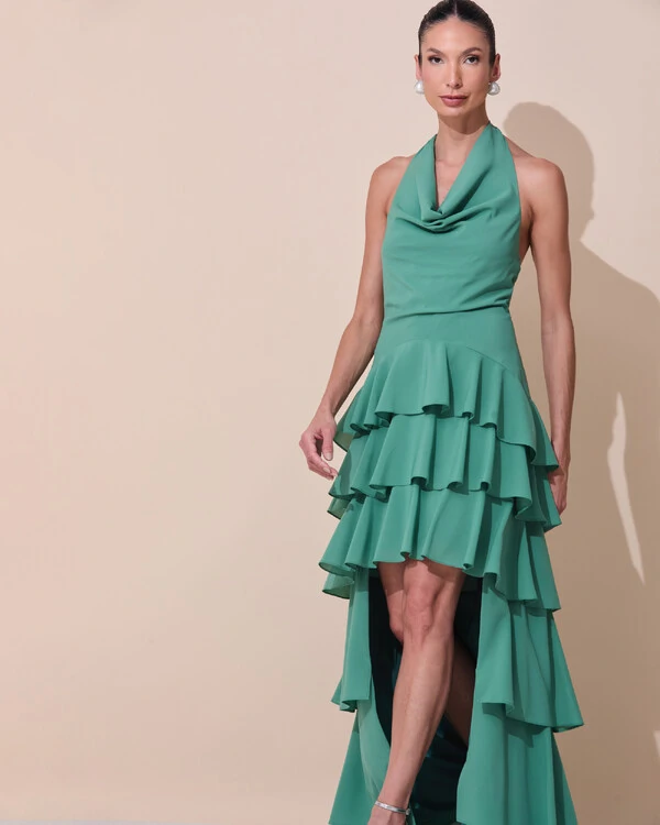 Vestido de Festa Longo Frente Única Degagê Crepe Chiffon Babados Mullet Verde Matcha Escuro