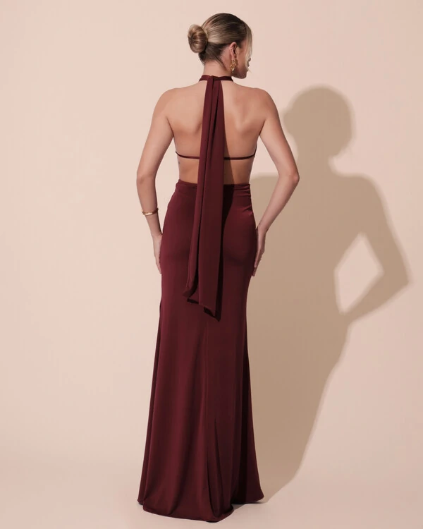 Vestido de Festa Longo Malha Jersey Gola Alta Saia Sereia Marsala