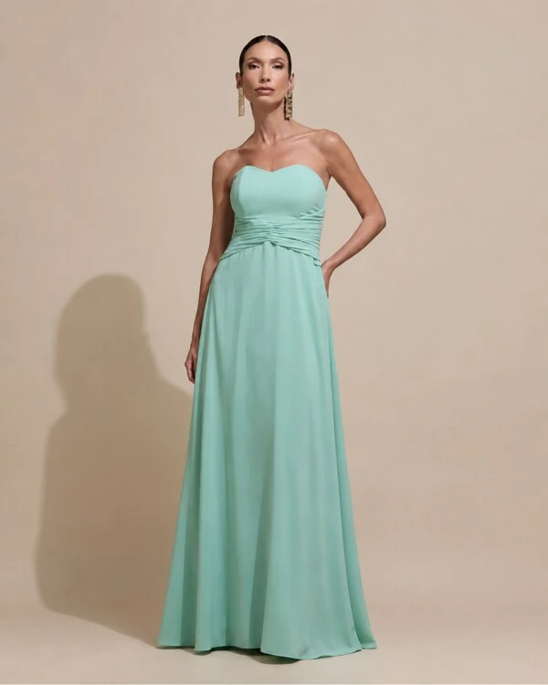 Vestido de Festa Longo Tomara Que Caia Crepe Chiffon Drapeado Capa Verde Menta