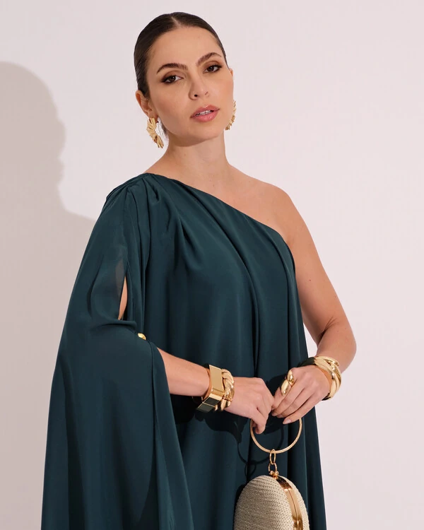 Vestido de Festa um Ombro com Capa Crepe Fluido Verde Escuro