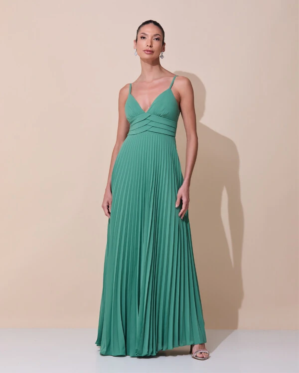 Vestido de Festa Longo Plissado Crepe Chiffon com Alça e Lenço Verde Matcha Escuro