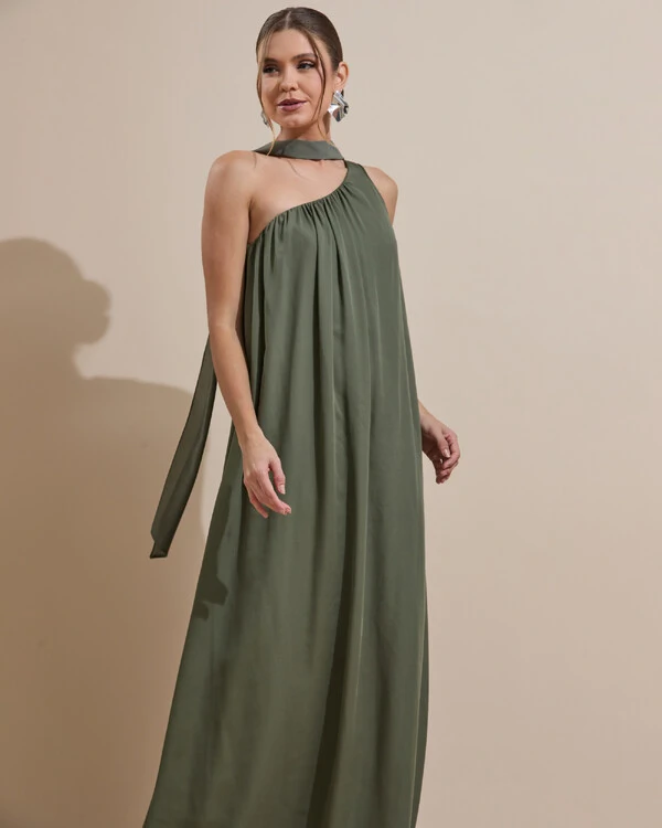 Vestido de Festa Longo Crepe Fluido um Ombro Só com Lenço Verde Oliva