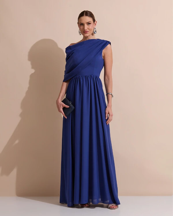 Vestido de Festa Longo Um Ombro Só Crepe Chiffon Capa Drapeado Azul Marinho