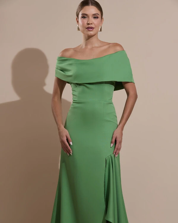 Vestido de Festa Longo Alfaiataria Ombro a Ombro com Babado Cascata Verde Matcha